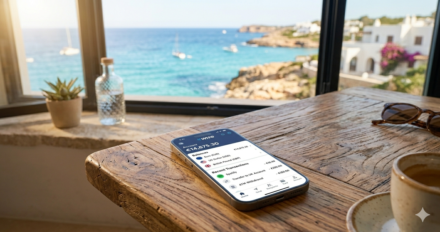 Smartphone mit Banking-App und Mittelmeerblick im Hintergrund — Bankkonto eröffnen Spanien