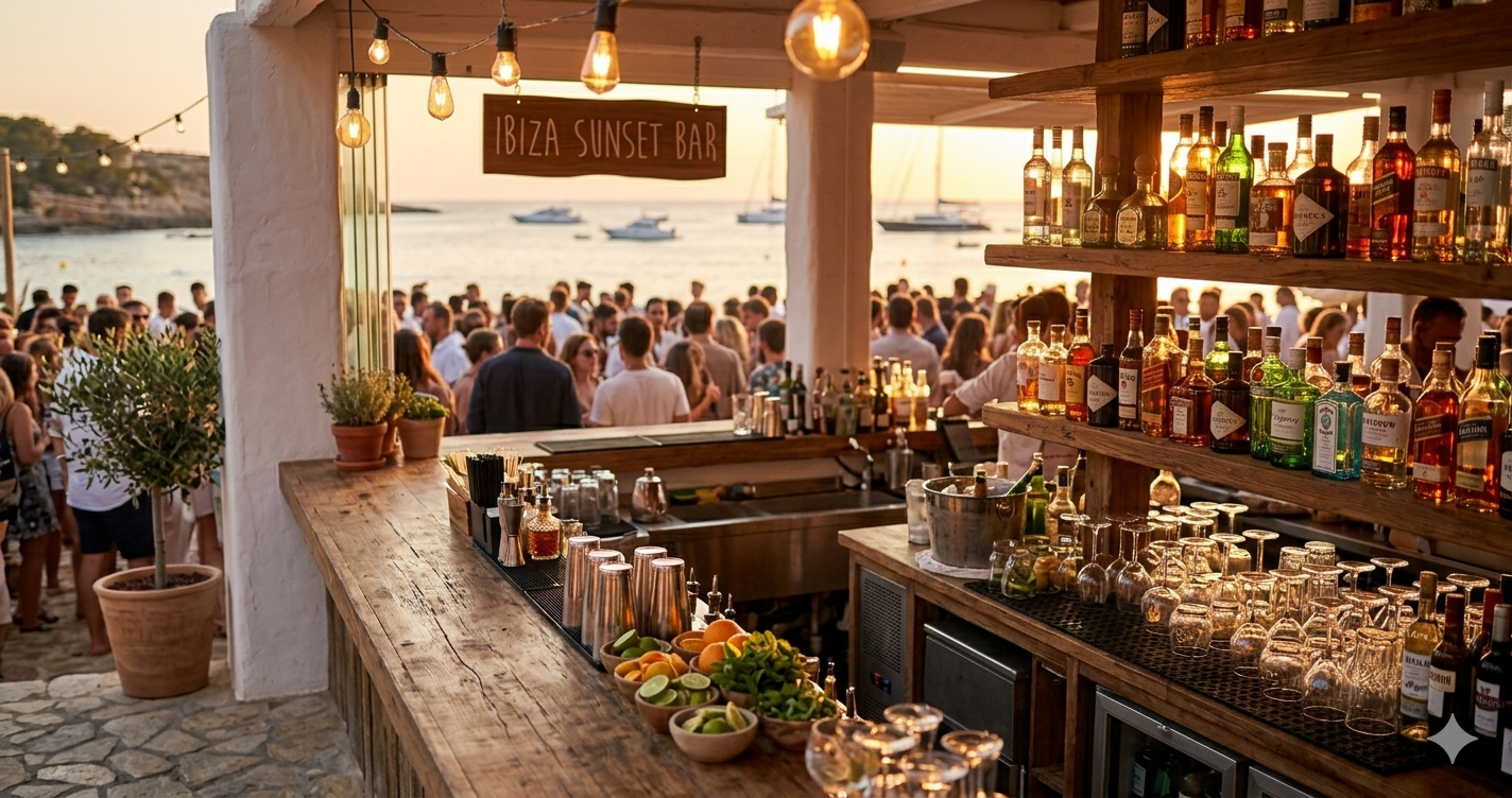 Strandbar auf Ibiza im goldenen Abendlicht — Saisonarbeit Ibiza Jobs und Gehalt