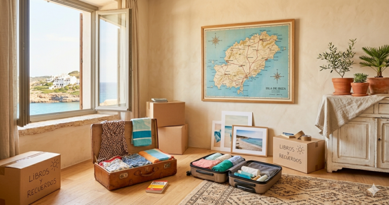 Geöffnete Umzugskartons und Koffer in hellem Apartment mit Ibiza-Karte an der Wand — Umzug Deutschland nach Ibiza Checkliste