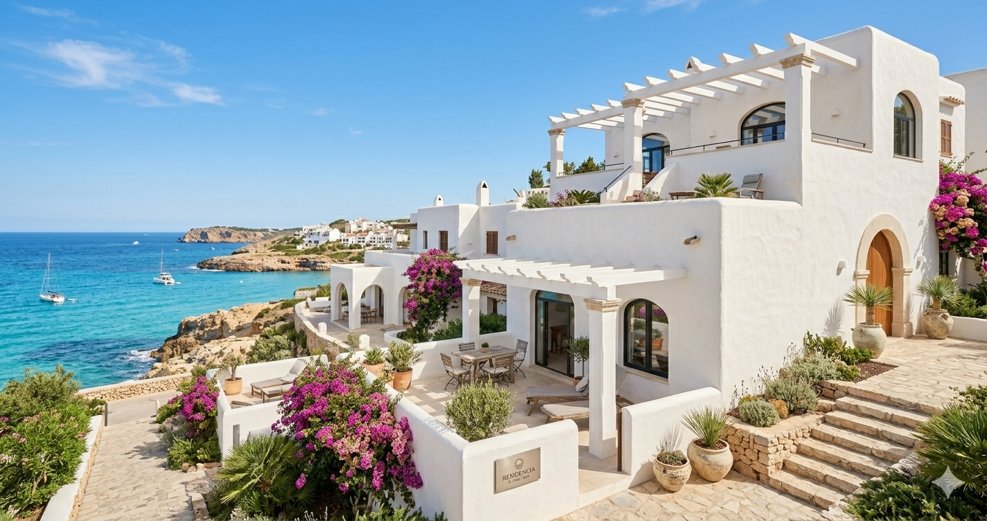 Weiß getünchtes Apartment mit Terrasse und Bougainvillea auf Ibiza — Wohnung finden Ibiza
