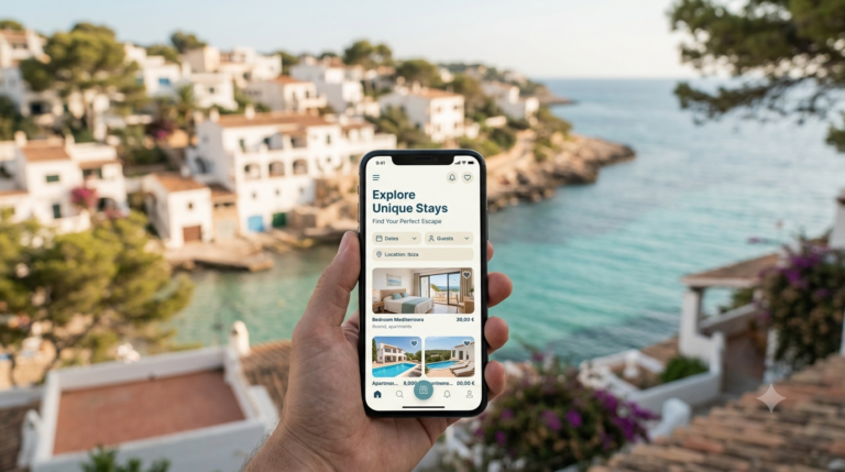 Airbnb auf Ibiza legal vermieten – Smartphone mit Buchungsplattform vor Ibiza-Küste