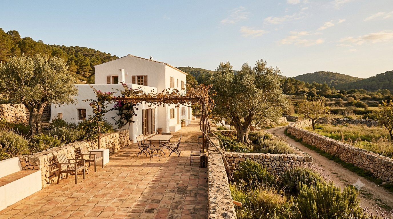 Ferienwohnung auf Ibiza vermieten – weiße Finca mit Terrasse im Norden der Insel