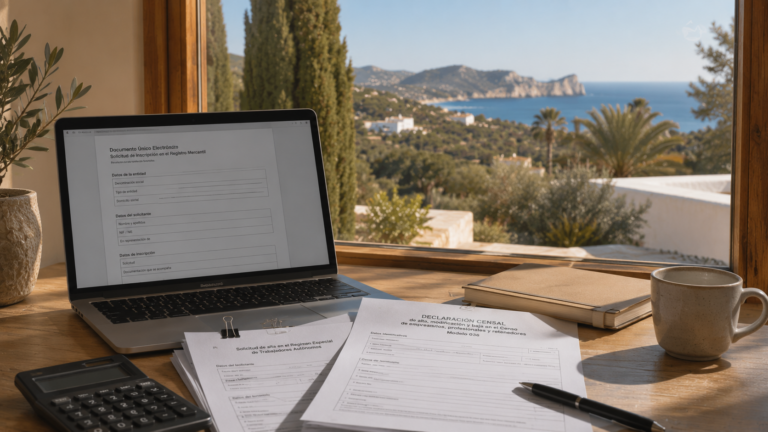 Gewerbeanmeldung Spanien Kosten — Laptop und Unterlagen auf einem Schreibtisch mit Blick auf Ibiza