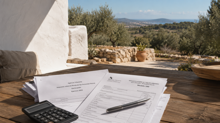 Modelo 210 Ibiza - Steuerunterlagen auf einer mediterranen Finca-Terrasse