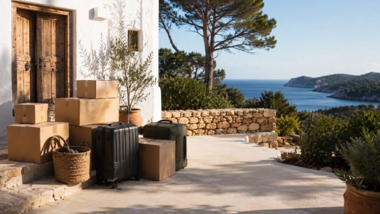 Umzug nach Spanien Kosten - gepackte Koffer vor mediterranem Haus auf Ibiza